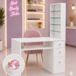 Μοντέρνο Επαγγελματικό Γραφείο Manicure με Βιτρίνα, 3 Συρτάρια & Κρυστάλλινα Πόμολα 115 × 48 × 152 cm (Συναρμολογημένο)
